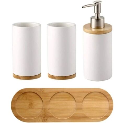 Bardusch-Lot de 4 Ensemble d'accessoires de Salle de Bain en céramique, Porte Brosse à Dents, Distributeur de Savon, Gobelet, Plateau en Bambou（Blanche）