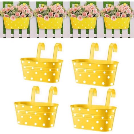 Bardusch - Lot de 4 pots de fleurs suspendus en métal avec trou de drainage - Avec double crochet amovible - Ovale - Pour décoration de jardin et balcon - Jaune