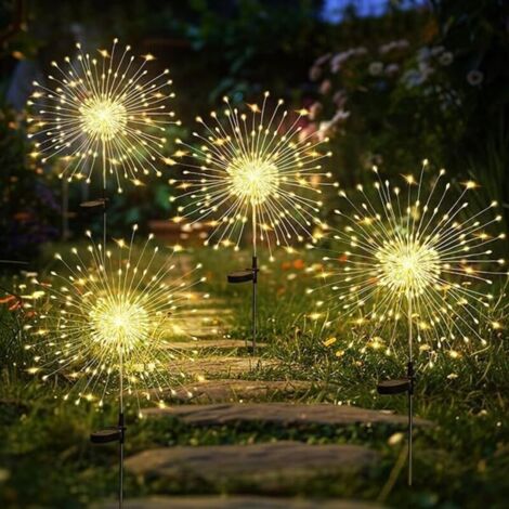 Bardusch - Lot de 4 Solaires Extérieur Jardin,120 LED Feux d'artifice Solaires,Étanche Lampe Solaire de Pissenlit pour Cour, Pelouse, Fête, Patio, Décoration de Mariage (blanc chaud)