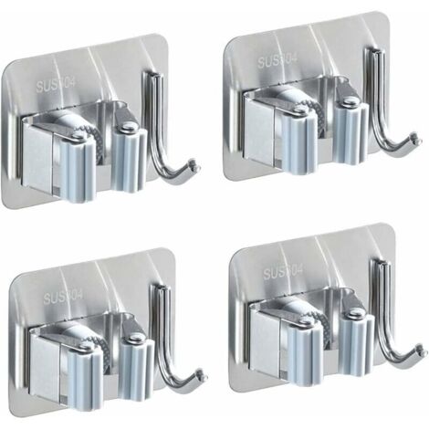 Bardusch-Lot de 4 supports muraux pour balai en acier inoxydable, porte balai auto adhésif, antirouille, avec 1 crochet et 1 fixation rapide pour vadrouille, balais et outils de jardin