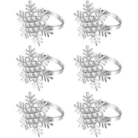 Bardusch-Lot de 6 ronds de serviette de Noël argentés en forme de flocon de neige avec strass blancs, pour la table des fêtes de Noël et de Thanksgiving...