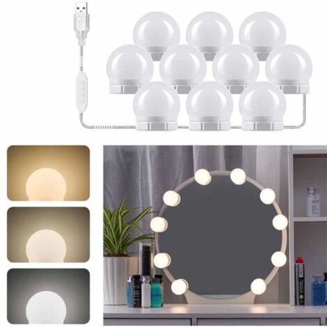 Bardusch - Lumière de Miroir 10 Ampoules Adhésif pour Coiffeuse Maquillage LED Miroir Hollywood Dimmable Lampe Coiffeuse USB 3 Couleurs