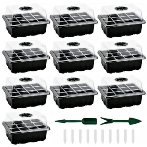 Bardusch - Mini serre pour semis - - Lot de 10 - 120 cellules - Outils de jardinage inclus - Noir
