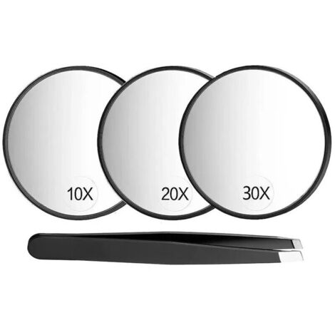 Bardusch-Miroir Grossissant Ensemble, 10x&20x&30x Miroir de Maquillage avec Ventouse, 9cm Miroirs, avec 2 Pincettes et Sac de Rangement, Idéal pour Les Voyages, la Salle de Bain, Cadeau pour Femme