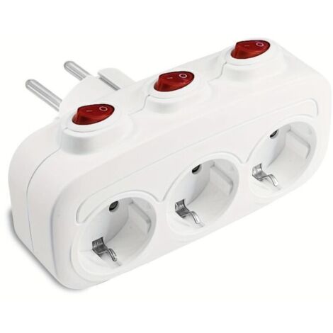 Bardusch-Multiprise murale standard UE 1 vers 3 avec interrupteurs indépendants – Prise de voyage, 3 prises horizontales, sans câble, blanc