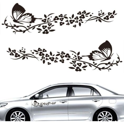 Bardusch (Noir)2 Pcs Autocollant Voiture, Stickers pour Voiture Avec Motif Papillons et Fleurs,Autocollant Voiture Tuning pour Capot de Voiture,Moto,Planches à Roulettes,Valises,Murs