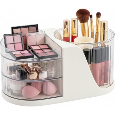 Bardusch-Organisateur 2-en-1 : rotatif 360° + 2 tiroirs, boîte blanche multifonction pour chambre, salle de bain ou coiffeuse.