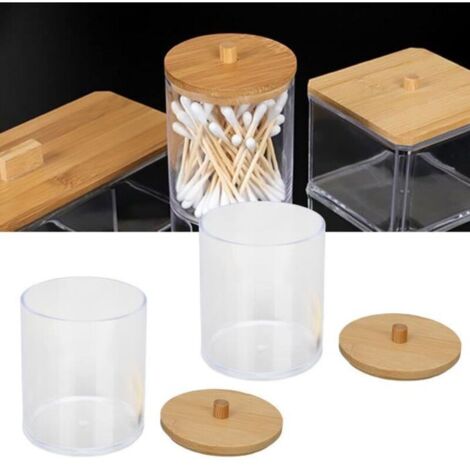 Bardusch - Organisateur de coton-tige - ZERODIS - 2 pcs - Cylindre en plastique - Transparent - Couvercle en bambou