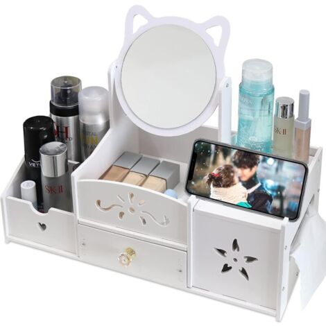 Bardusch-Organisateur multifonctionnel blanc avec miroir rond intégré, idéal pour chambre ou salle de bain.