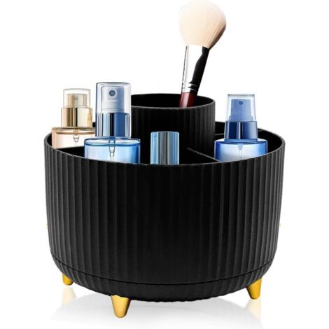 Bardusch-Organisateur rotatif noir 360°, 5 compartiments, rangement pinceaux maquillage pour coiffeuse ou salle de bain.