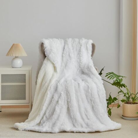 Bardusch-Plaid cachemire faux fourrure 130x160 cm – poil long – blanc crème – canapé