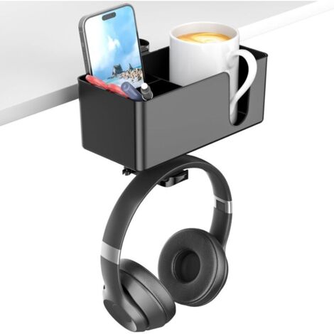 Bardusch-Porte-gobelet bureau 4-en-1 noir : support casque gamer rotatif, 2 passages câbles, rangement détachable (tasse/téléphone/stylo)