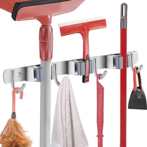 Bardusch-Porte-outils mural en acier inoxydable - support à balai autocollant pour outils de jardin, 3 supports et 4 crochets, gris