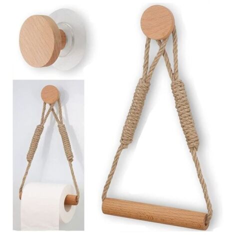 Bardusch - Porte Papier Toilette - Vintage - Corde de Chanvre - Bois de Hêtre - Auto-adhésif - Sans Perçage