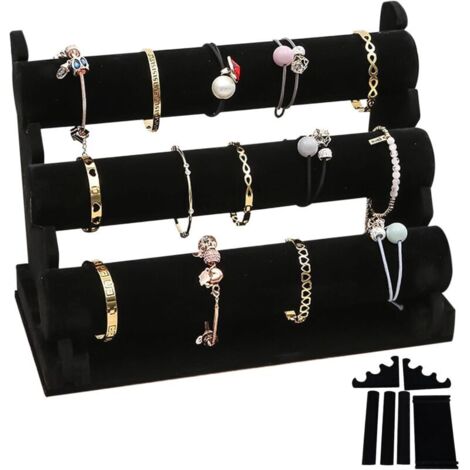 Bardusch Présentoir à bracelets en velours avec 3 étages amovibles : présentoir noir pour bracelets et bijoux pour femmes et filles, porte-bijoux en velours, porte-bijoux pour bracelet, collier et