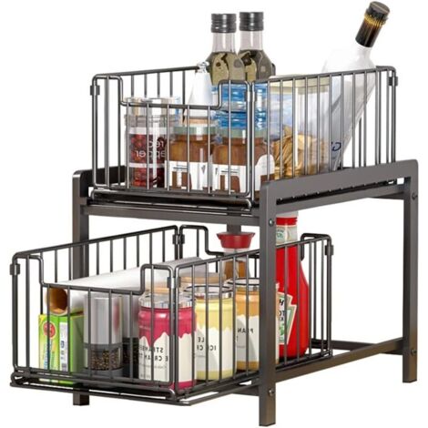 Bardusch - Rangements sous Evier 2 Niveaux Organisateur Coulissant avec 2 Tiroirs Porte-épices pour Comptoir de Cuisine Organisateur pour Salle de Bain, Cuisine, Bureau (Ordinaire, NoirNoir)