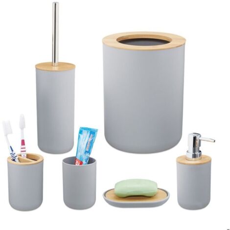 Bardusch - Relaxdays accessoires salle de bain, lot de 6, en plastique et en bambou, ensemble complet, gris