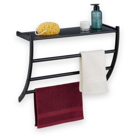 Bardusch - Relaxdays Porte-serviettes mural, HxLxP: 44 x 56,5 x 23 cm, tablette & 3 barres, support serviettes salle de bain, noir