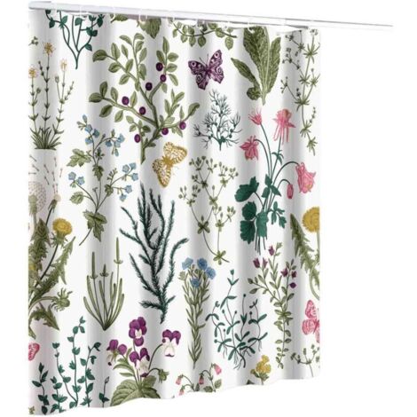 Bardusch-Rideau de douche floral vintage, ensemble de rideau de douche rétro botanique vert sauge, rideau de douche esthétique bohème amusant avec plantes, herbes, fleurs et papillons//.