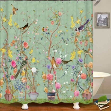 Bardusch-Rideau de douche Plante branches fleurs oiseaux anneaux inclus 3D effect imperméable 180 x 200 cm