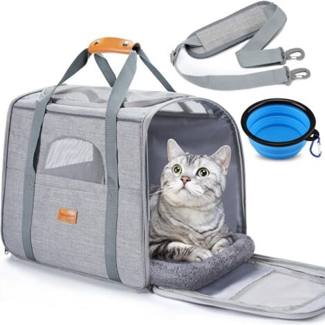 Bardusch - Sac Transport Chat, Sac Transport Chien Respirant et Pliable, Caisse de Transport Chat avec Bandoulière Réglable, Cage Transport Chat avec Matelas en Peluche Amovible+Bol