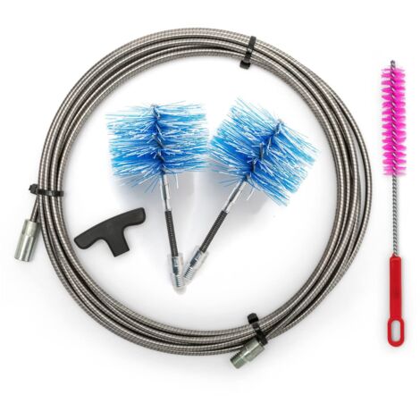 BARETTO Kit per la Pulizia della Stufa a Pellet - Prolunga Inox da 9 Metri, Curvatura Massima 90°- 2 Spazzole Professionali in Nylon (1 da 80mm e 1 da 100mm)