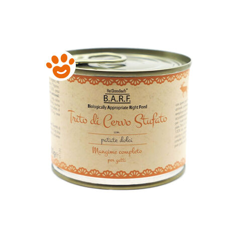 BARF Cat Menù Completo Trito di Cervo Stufato  - BARF Cat Menù Completo Trito di Cervo Stufato - Lattina Da 200 Gr