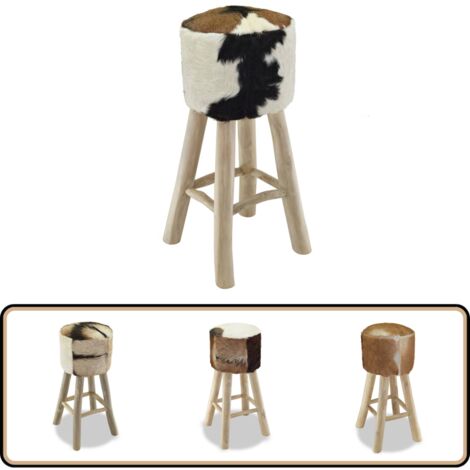 Barhocker Echtleder und Teak Massivholz - Fellhocker - Barhocker - Wohnzimmer Deko - Vintage Stuhl - Holztisch