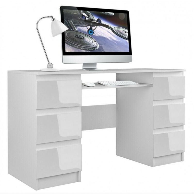 Bari Bureau Informatique Bureau D Ordinateur Mobilier Travail Office 6 Tiroirs Support Clavier Coulissant Meuble Bureau Blanc Blanc Top Kuba High Gloss