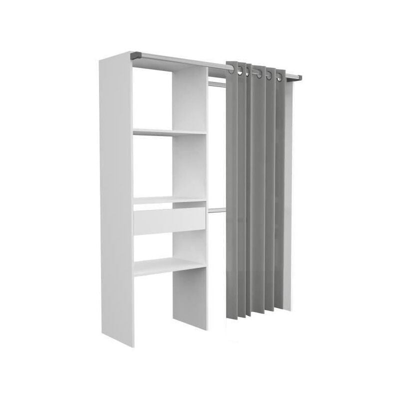 Ekipa - Aménagement de placard avec rideau - Décor blanc - 1 colonne avec 1 tiroir + 2 penderies - l 143,5 x p 48 x h 181,9 cm -