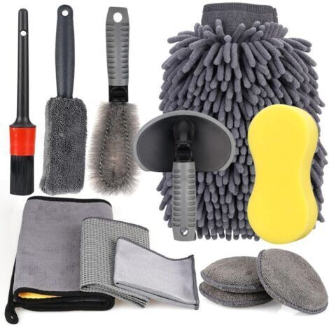 BARKBUSTERS  12PCS Kit De Nettoyage Voiture Professionnel,Microfibre Lavage Voiture Nettoyer Kit,Voiture Chiffons de Nettoyage Automobile Set,Brosse de Roue et de Jante,Chiffons de Nettoyage Gants de 