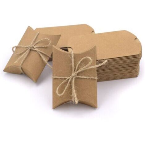 BARKBUSTERS 50 Stück Kraftpapier-Geschenkboxen im Vintage-Stil, natürliche Kissen-Süßigkeitsboxen für Hochzeitsfeier