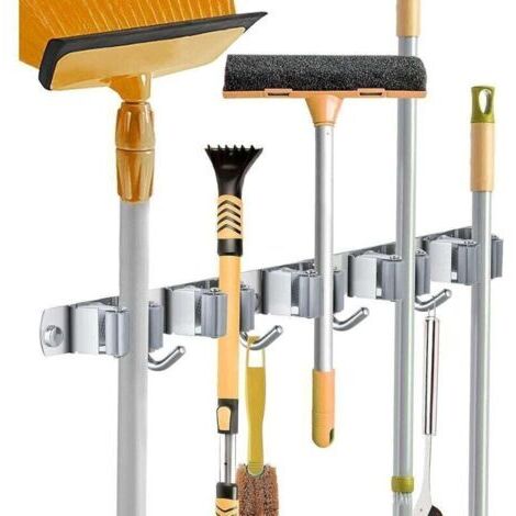 BARKBUSTERS Accroche Balai Mural, Porte Balais en Acier inoxydable, Support Cintre de Rangement pour Cuisine, Buanderie, Organisation du Garage (5 Emplacements et 4 Crochets)