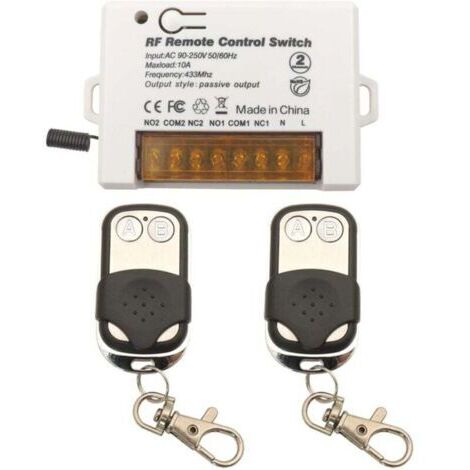 BARKBUSTERS Commutateur de télécommande de relais sans fil 2 canaux 433Mhz RF AC 220V 230V 10A Récepteur de relais avec 2 Porte-clés émetteurs, grosse borne de câblage câblage facile