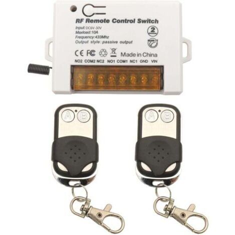 BARKBUSTERS Commutateur de télécommande de relais sans fil 2 canaux 433Mhz RF DC 6V 12V 24V 30V 10A Récepteur de relais avec 2 Porte-clés émetteurs, Gros fil terminal câblage facile