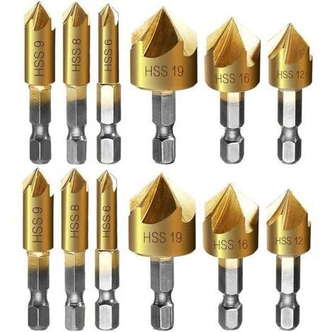 BARKBUSTERS Fraise à chanfreiner metal 12 Pcs queue hexagonale poinçon de centrage automatique forets à chanfreiner, 6mm 8mm 9mm 12mm 16mm 19mm