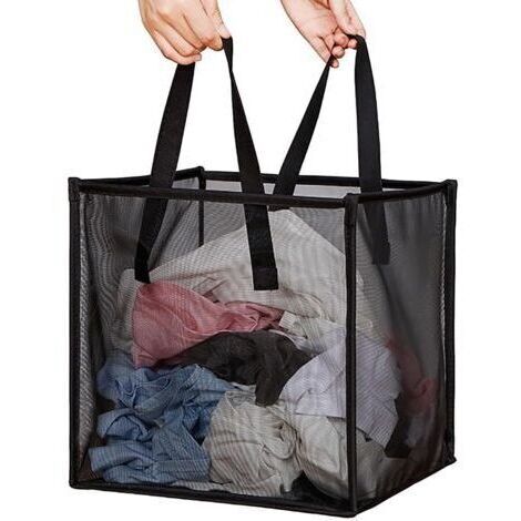 BARKBUSTERS Panier à linge pliable en maille avec poignées, portable et compact, idéal pour le linge, les vêtements et les jouets (noir, simple épaisseur)