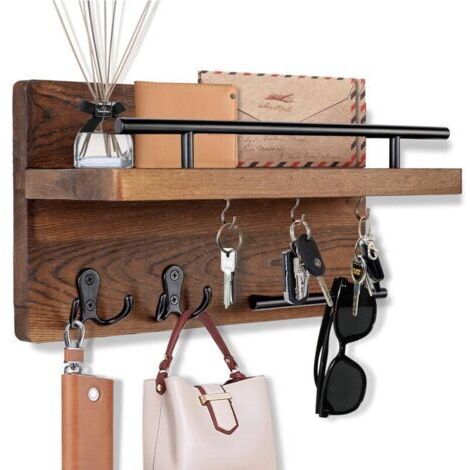 BARKBUSTERS  Porte-clés mural décoratif avec 5 crochets à clés, porte-clés mural pour mur avec porte-clés de courrier, organiseur de courrier en bois avec étagère, couloir, bureau
