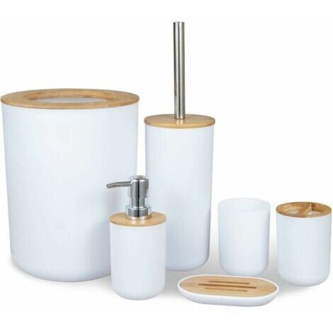 BARKBUSTERS Set Accessoires Salle De Bain, 6 Pièces Accessoire Pour Salle En Bambou Avec Distributeur Savon, Porte Brosse À Dents, Brosse Toilettes Wc, Porte Savon, Poubelle(40L) Et Gobelet Brosse À D