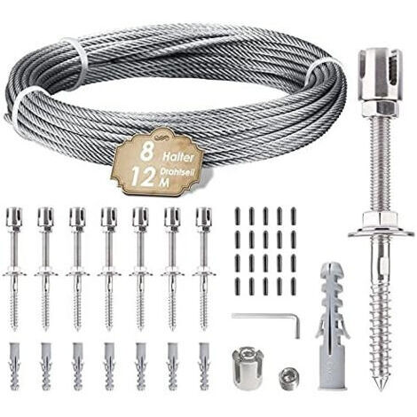 BARKBUSTERS Support de plantes grimpantes. Kit de suspension en corde inox 12 m. Comprend câble 3 mm et 8 tendeurs. Convient jardins, murs béton, panneaux clôture, bois massif. (8 tendeurs de 12 m)