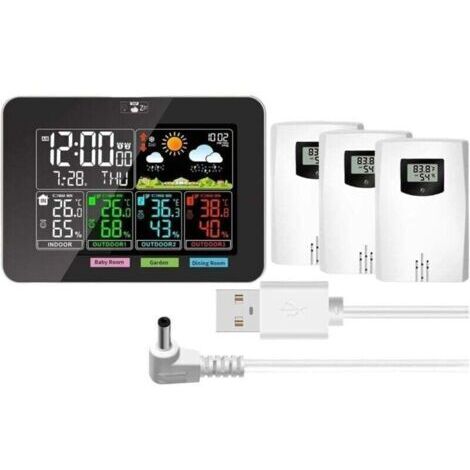 BARKBUSTERS Thermomètre météo, stations météo intérieures et extérieures sans fil, température, humidité, écran couleur VA, prévisions météo, pression barométrique, réveils