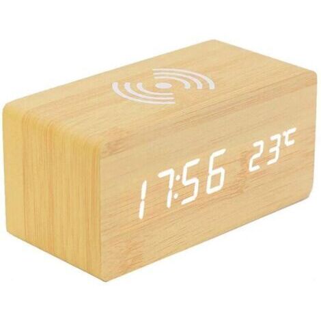 BARKBUSTERS  Thermomètre Numérique Réveil Réveil Numérique Bois Réveil À Bois LED Digital avec Chargeur sans Fil, Réveil en Bois avec Chargeur À Induction