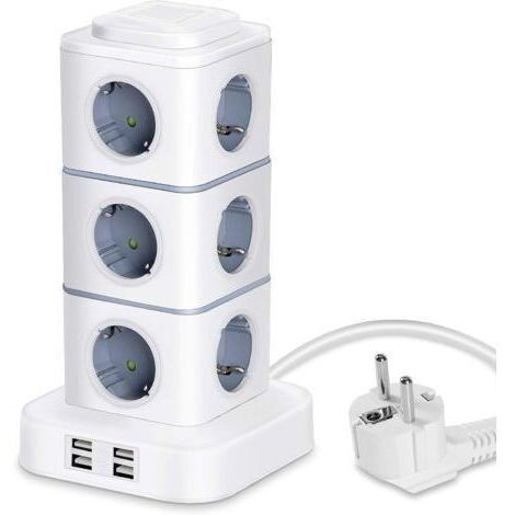 BARKBUSTERS Tour Multiprise, 12 Prises Multiprise Electrique (2500W / 10A) avec 4 Ports USB, Multi Prises électriques Parafoudre Multiprise Verticale pour Maison Bureau, Rallonge 3M