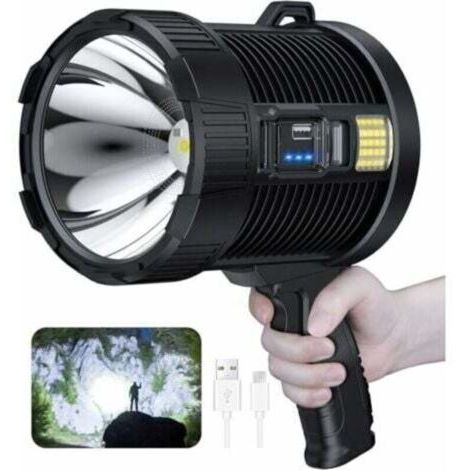 BARKBUSTERSProjecteur rechargeable, 100000 lumens Led projecteur à main grande lampe de poche projecteur solaire extérieur super lumineux, avec lampe Cob, 6 modes, étanche IPX5 (noir)--