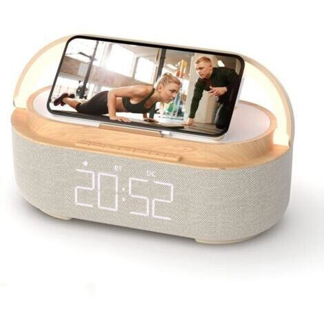 BARKBUSTERSRéveil Bluetooth avec chargeur sans fil, radio FM, veilleuse LED réglable, enceinte portable 6 en 1 pour chambre à coucher, 2 500 mAh