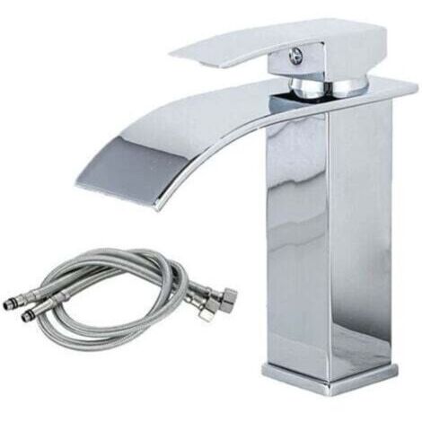 BARKBUSTERSRobinet Lavabo Cascade, MISE À NIVEAU Moderne Mitigeur Salle de Bain, Robinetterie Grand Bec Carré en Laiton, Eau Chaude et Froide Disponible, argent