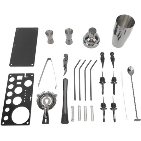 Barkeeper-Set aus Edelstahl mit Cocktailshaker und schwarzem Barzubehör