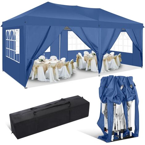 Barnum pliant 3x6m Imperméable Réglable Anti-UV Tente de réception Tonnelle Pliante avec Sac de Transport pour Parking, Camping, Festival - Parois latérales amovibles - Bleu