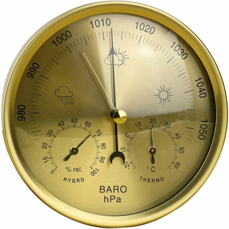 Baromètre anéroïde 3 en 1 de précision - Station météo, thermomètre hygromètre pour intérieur et extérieur avec structure en acier inoxydable (Doré)