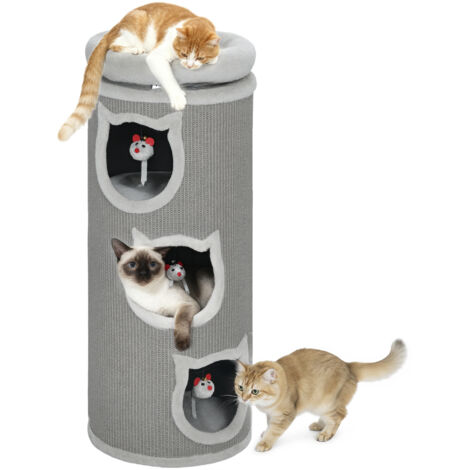 Baron à grattage pour chats, 96 cm, tour à chat à 4 niveaux avec lit lavable, 3 grottes pour dormir, jouet suspendu, pour plusieurs chats Gris ManBo